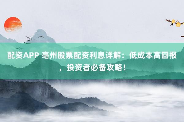 配资APP 亳州股票配资利息详解：低成本高回报，投资者必备攻略！