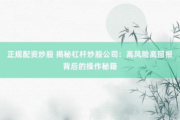 正规配资炒股 揭秘杠杆炒股公司：高风险高回报背后的操作秘籍